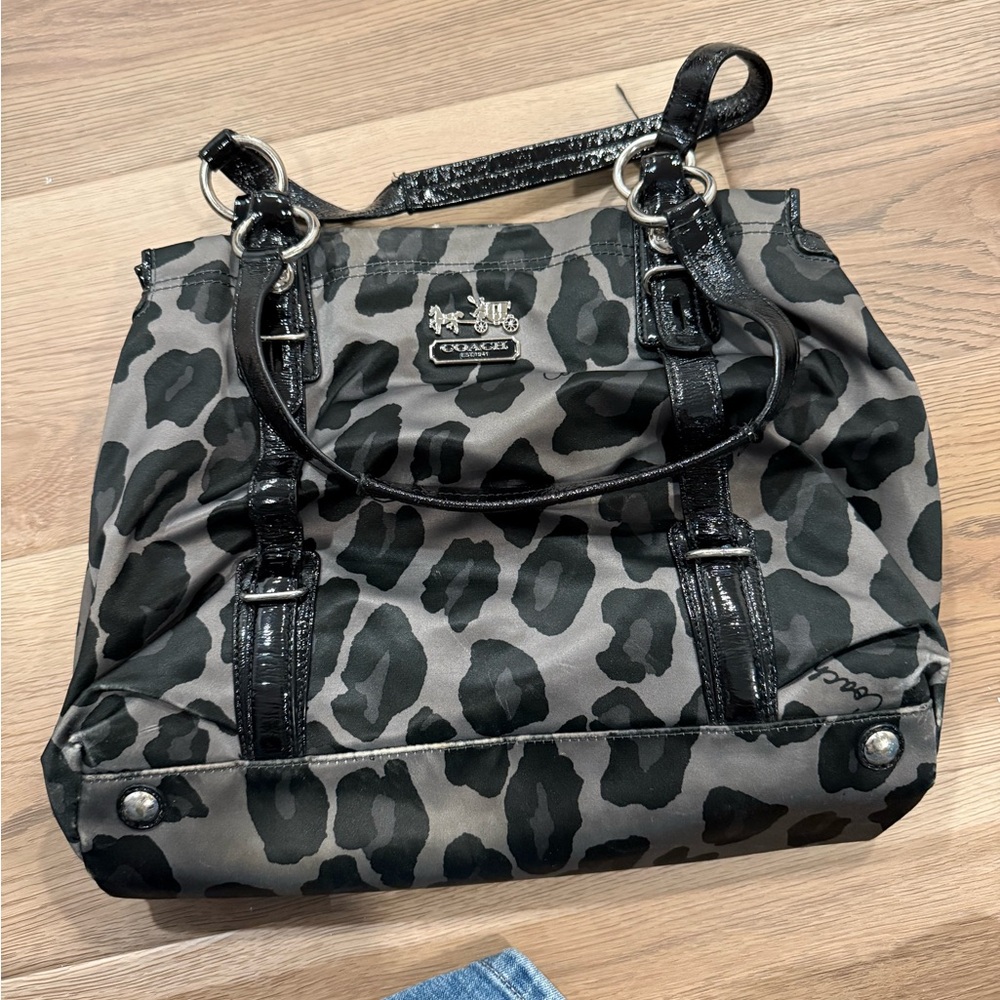 Coach Black and Gray Leopard-Print Tote with Patent Trim